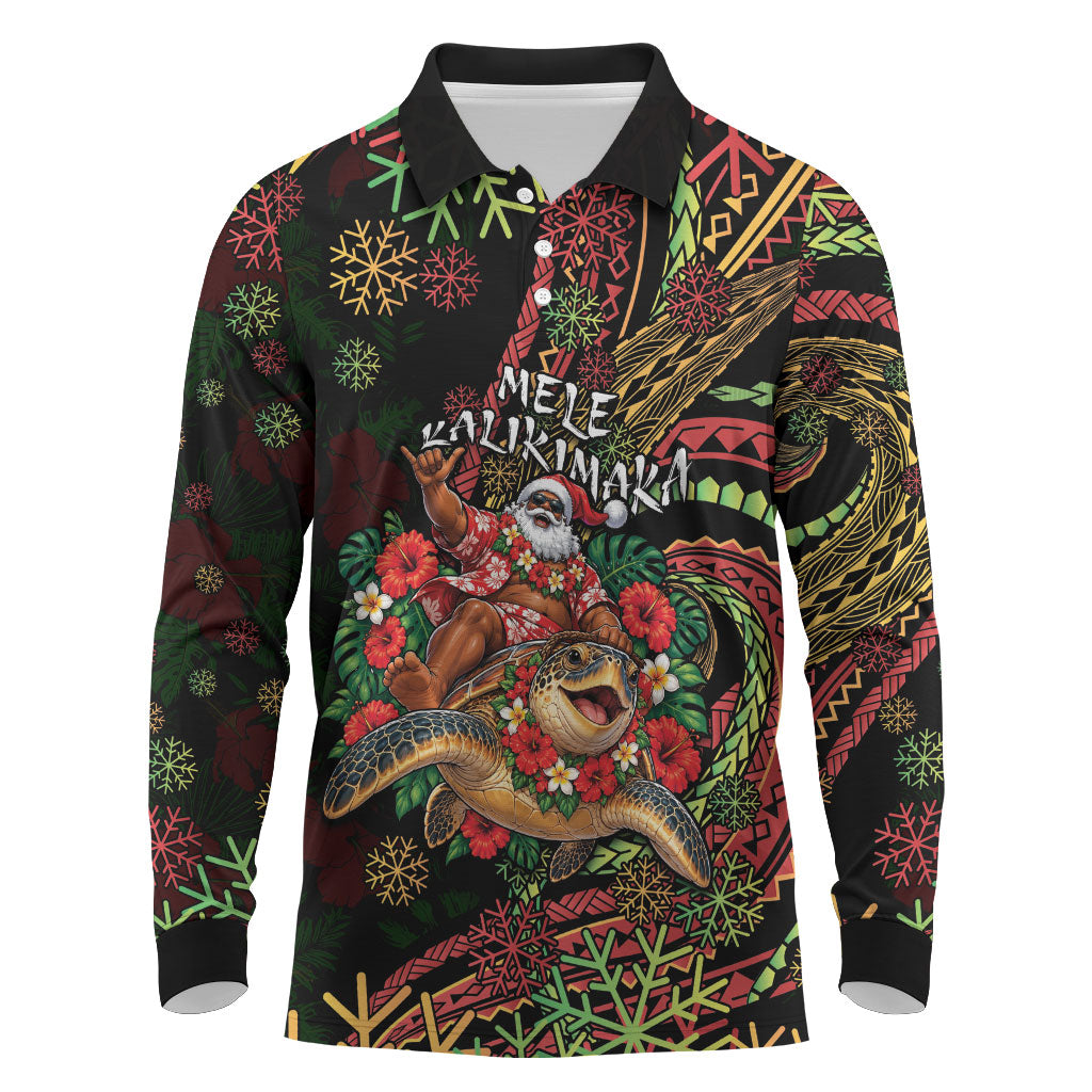Hawaii Christmas Long Sleeve Polo Shirt Aloha Santa Riding Honu DT05 Black - Polynesian Pride