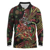Hawaii Christmas Long Sleeve Polo Shirt Aloha Santa Riding Honu DT05 Black - Polynesian Pride