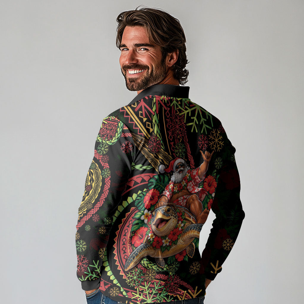 Hawaii Christmas Long Sleeve Polo Shirt Aloha Santa Riding Honu DT05 - Polynesian Pride
