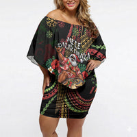 Hawaii Christmas Off Shoulder Short Dress Aloha Santa Riding Honu DT05 Women Black - Polynesian Pride