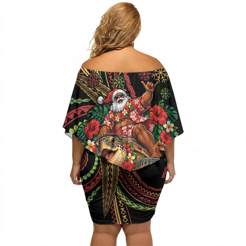 Hawaii Christmas Off Shoulder Short Dress Aloha Santa Riding Honu DT05 - Polynesian Pride