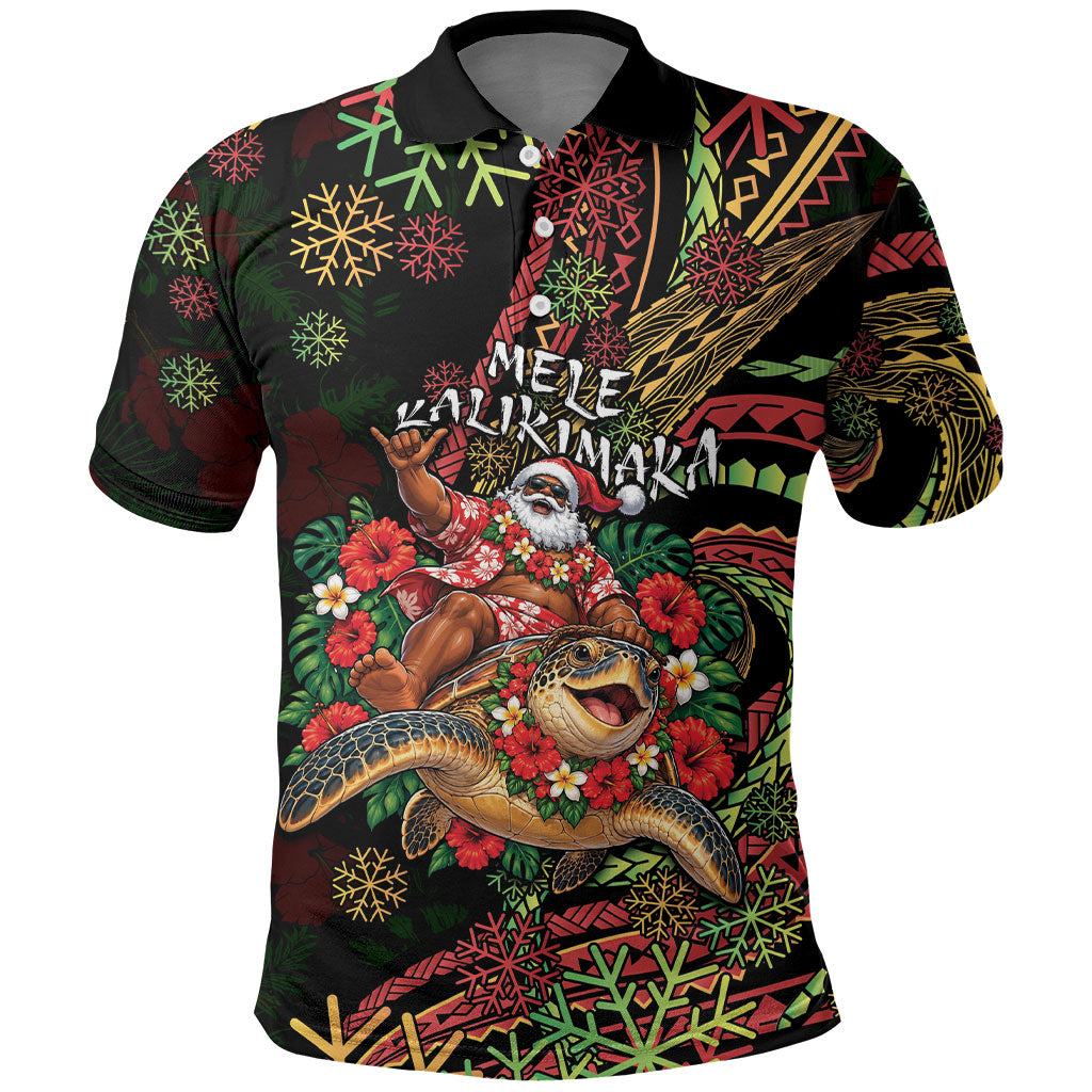 Hawaii Christmas Polo Shirt Aloha Santa Riding Honu DT05 Black - Polynesian Pride