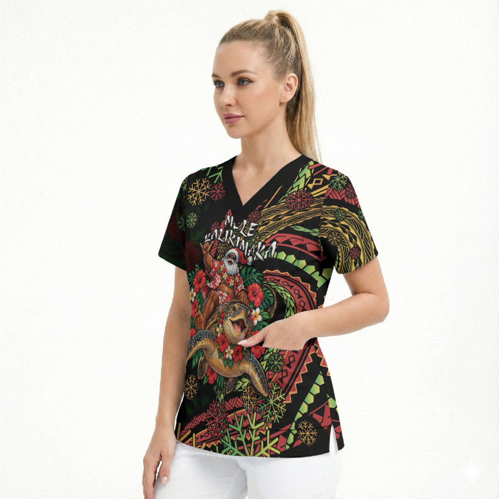 Hawaii Christmas Scrub Top Aloha Santa Riding Honu DT05 - Polynesian Pride
