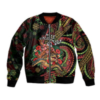 Hawaii Christmas Sleeve Zip Bomber Jacket Aloha Santa Riding Honu DT05 Unisex Black - Polynesian Pride