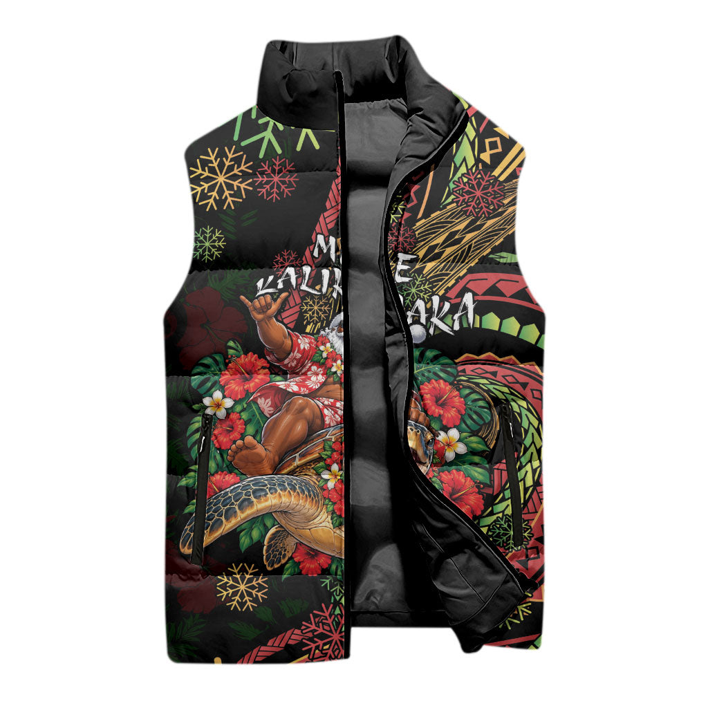 Hawaii Christmas Sleeveless Puffer Jacket Aloha Santa Riding Honu DT05 - Polynesian Pride