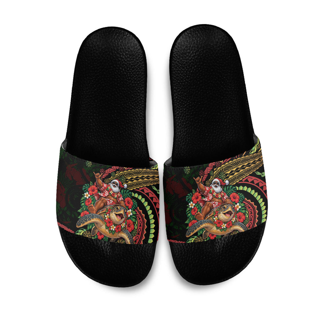 Hawaii Christmas Slide Sandals Aloha Santa Riding Honu DT05 Black - Polynesian Pride