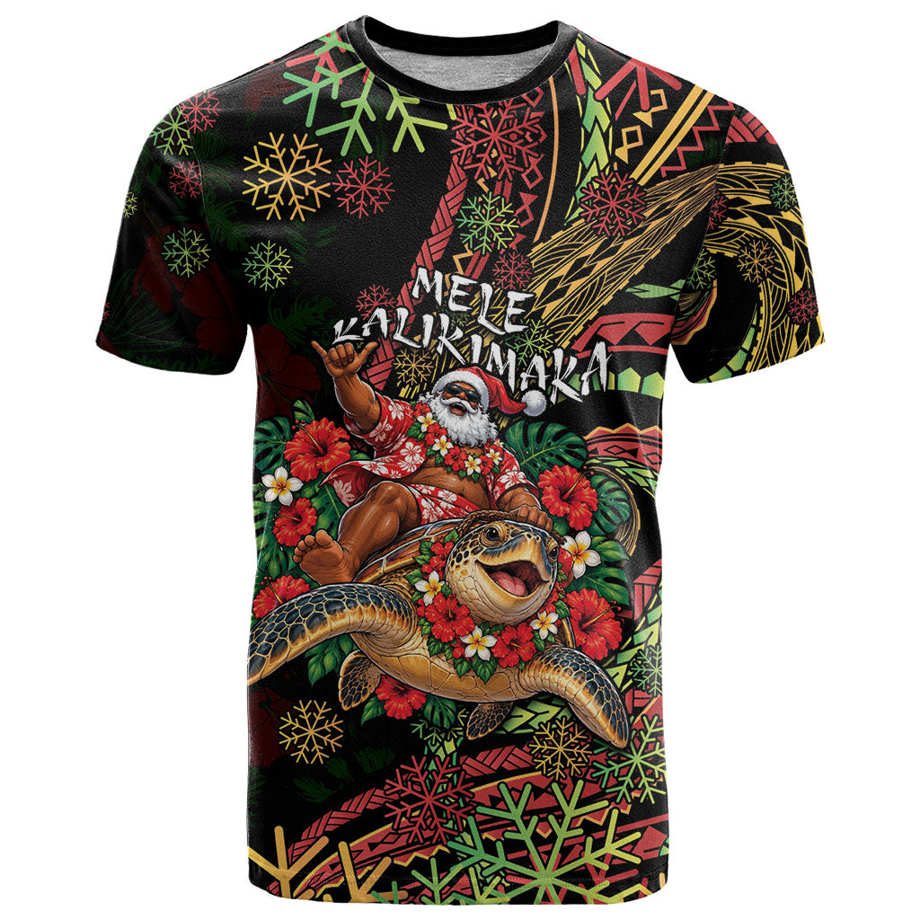 Hawaii Christmas T Shirt Aloha Santa Riding Honu DT05 Black - Polynesian Pride