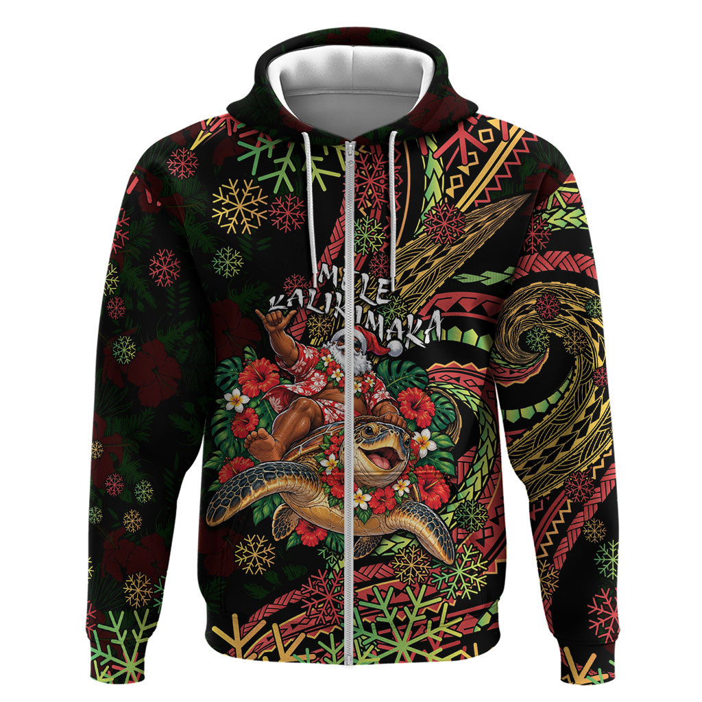 Hawaii Christmas Zip Hoodie Aloha Santa Riding Honu DT05 Zip Hoodie Black - Polynesian Pride