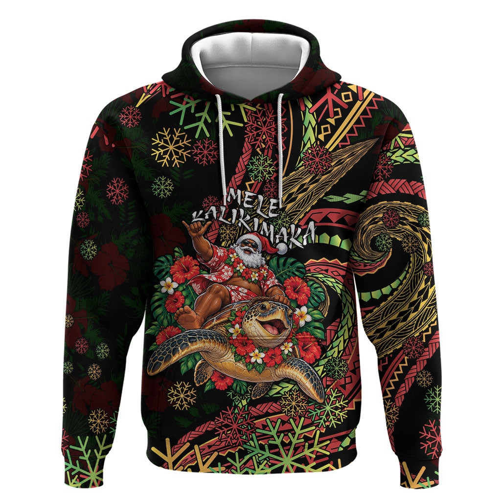 Hawaii Christmas Zip Hoodie Aloha Santa Riding Honu DT05 Pullover Hoodie Black - Polynesian Pride