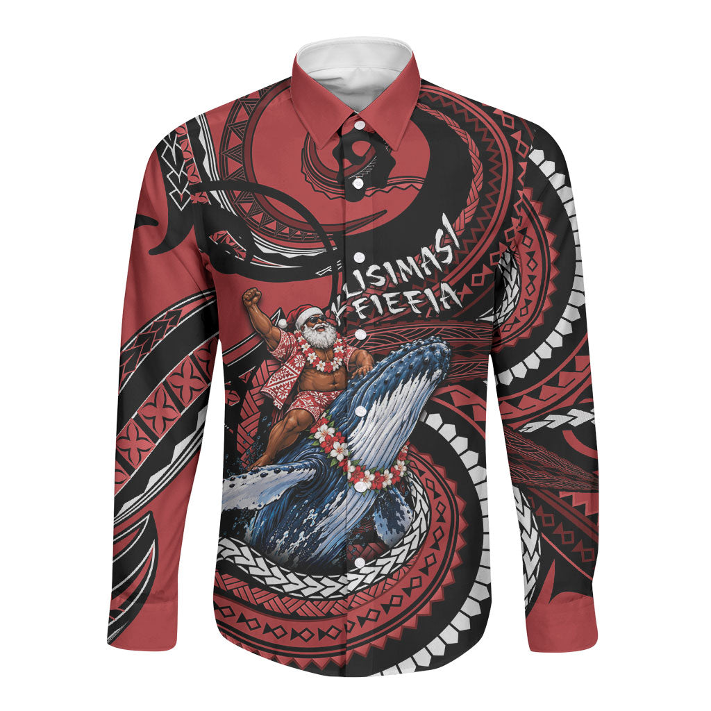 Tonga Christmas Long Sleeve Button Shirt Santa Riding Humpback Whale DT05 Unisex Red - Polynesian Pride