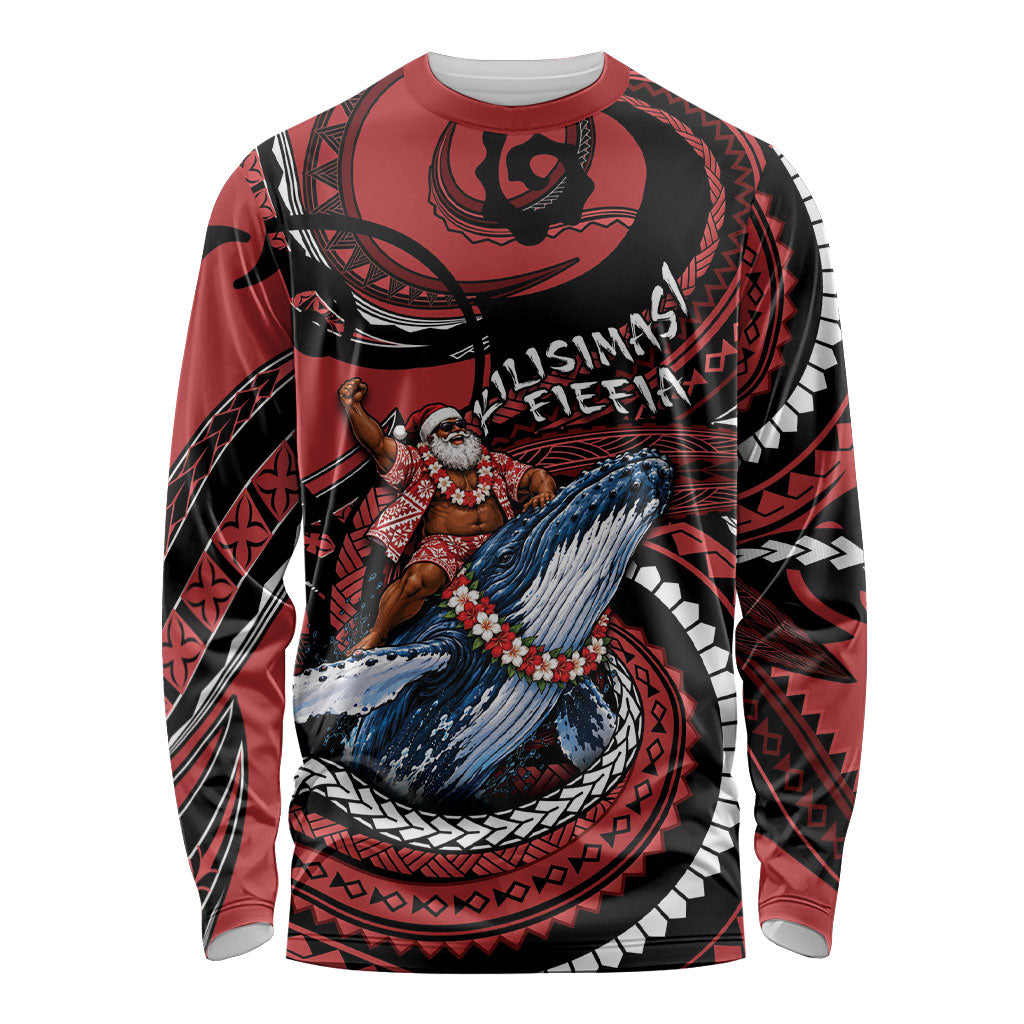 Tonga Christmas Long Sleeve Shirt Santa Riding Humpback Whale DT05 Unisex Red - Polynesian Pride