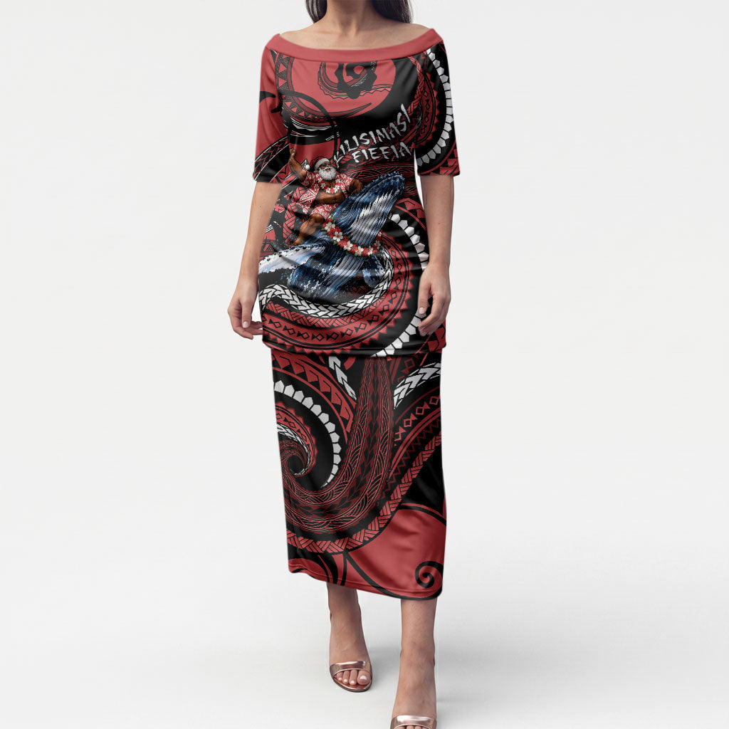 Tonga Christmas Puletasi Santa Riding Humpback Whale DT05 Long Dress Red - Polynesian Pride