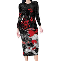 Personalised Hawaiian And Japanese Family Matching Long Sleeve Bodycon Dress and Hawaiian Shirt Aloha Koi Fish Palaka Patterns DT05 Mom's Dress Black - Polynesian Pride