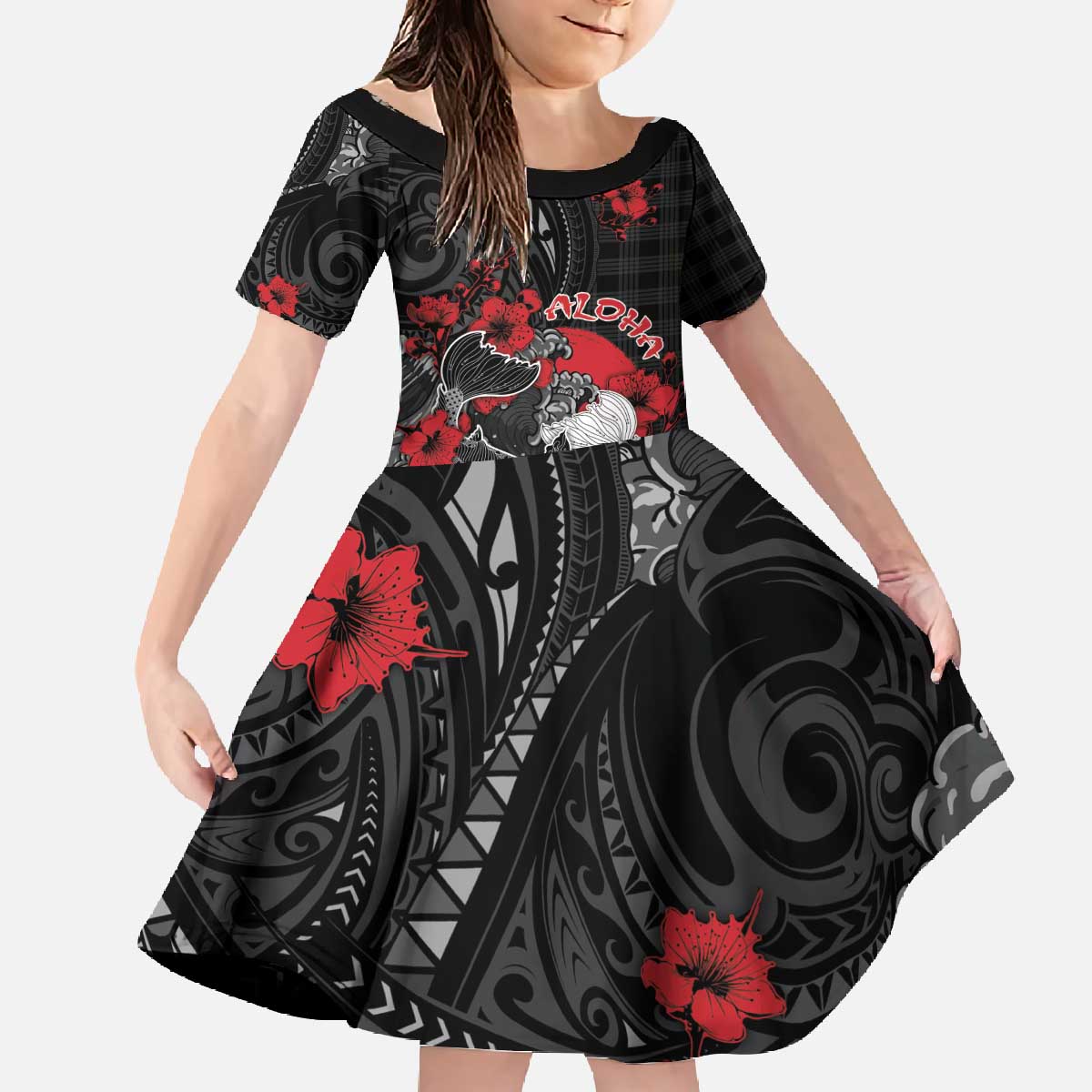 Personalised Hawaiian And Japanese Family Matching Off The Shoulder Long Sleeve Dress and Hawaiian Shirt Aloha Koi Fish Palaka Patterns DT05 Daughter's Dress Black - Polynesian Pride