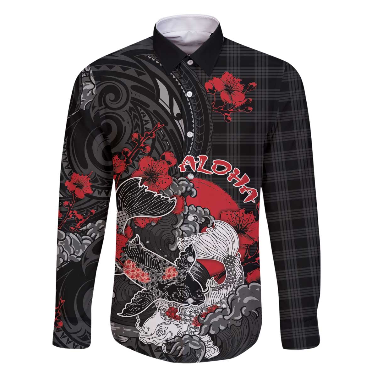 Personalised Hawaiian And Japanese Family Matching Off The Shoulder Long Sleeve Dress and Hawaiian Shirt Aloha Koi Fish Palaka Patterns DT05 Dad's Shirt - Long Sleeve Black - Polynesian Pride