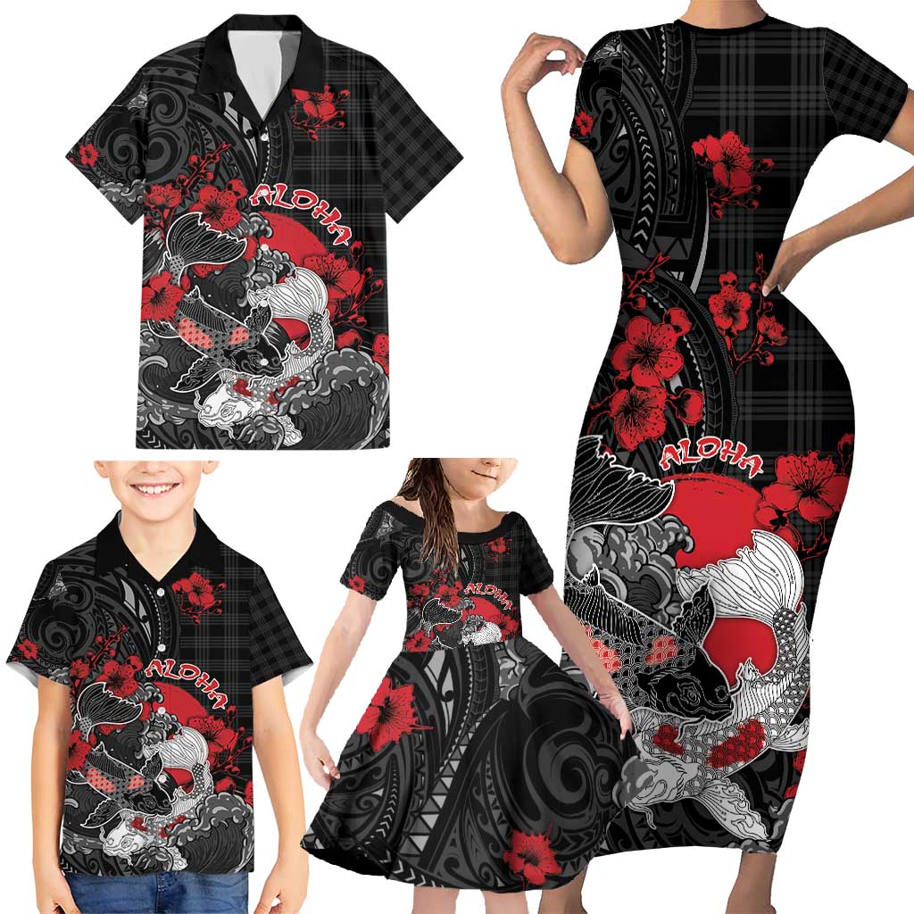 Personalised Hawaiian And Japanese Family Matching Short Sleeve Bodycon Dress and Hawaiian Shirt Aloha Koi Fish Palaka Patterns DT05 - Polynesian Pride
