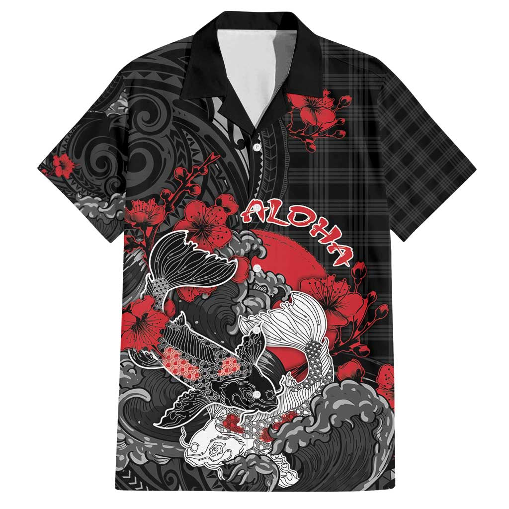 Personalised Hawaiian And Japanese Family Matching Tank Maxi Dress and Hawaiian Shirt Aloha Koi Fish Palaka Patterns DT05 Dad's Shirt - Short Sleeve Black - Polynesian Pride