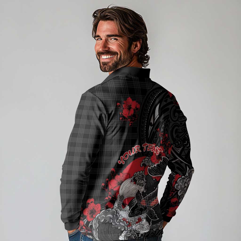 Personalised Hawaiian And Japanese Long Sleeve Polo Shirt Aloha Koi Fish Palaka Patterns - Polynesian Pride