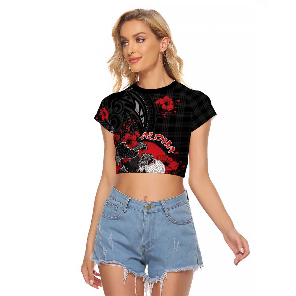 Personalised Hawaiian And Japanese Raglan Cropped T Shirt Aloha Koi Fish Palaka Patterns - Polynesian Pride