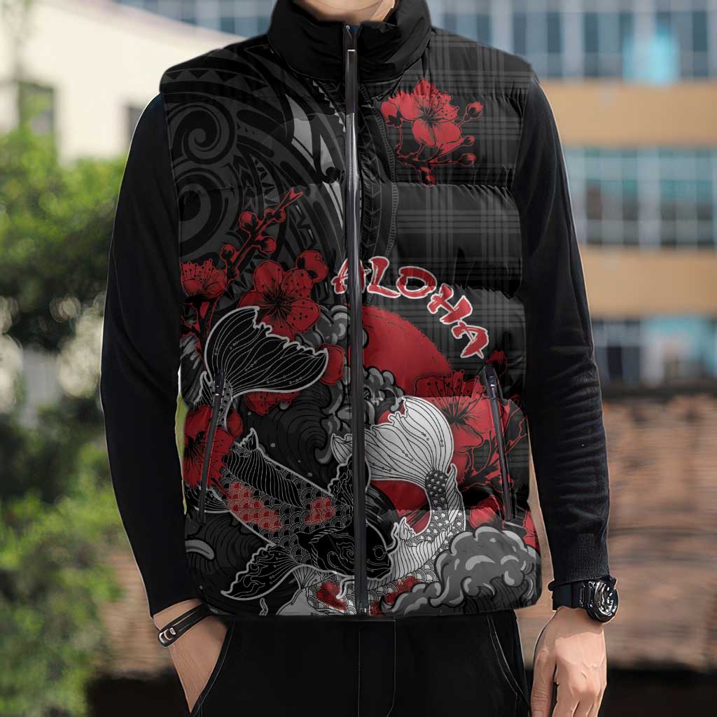 Personalised Hawaiian And Japanese Sleeveless Puffer Jacket Aloha Koi Fish Palaka Patterns - Polynesian Pride
