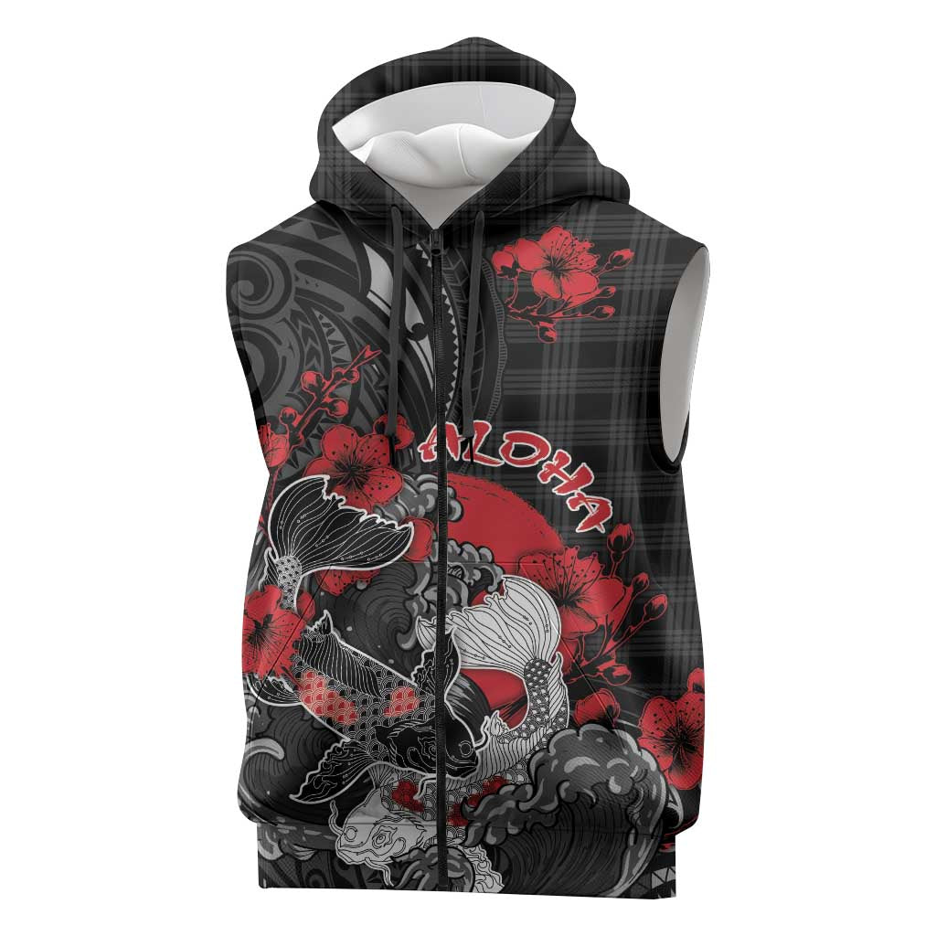 Personalised Hawaiian And Japanese Sleeveless Zip Hoodie Aloha Koi Fish Palaka Patterns - Polynesian Pride