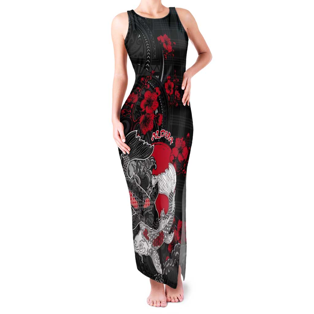 Personalised Hawaiian And Japanese Tank Maxi Dress Aloha Koi Fish Palaka Patterns - Polynesian Pride