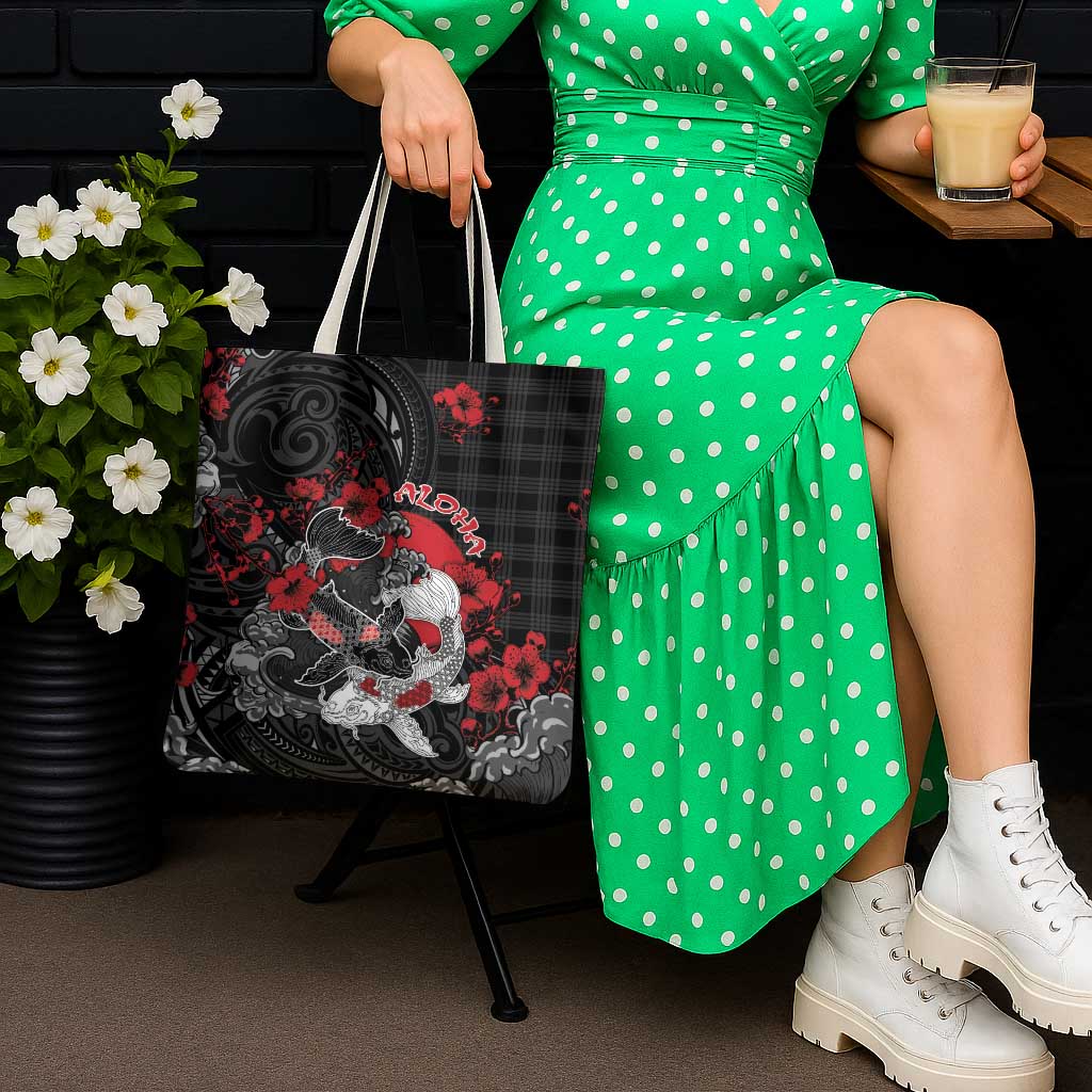 Hawaiian And Japanese Tote Bag Aloha Koi Fish Palaka Patterns - Polynesian Pride