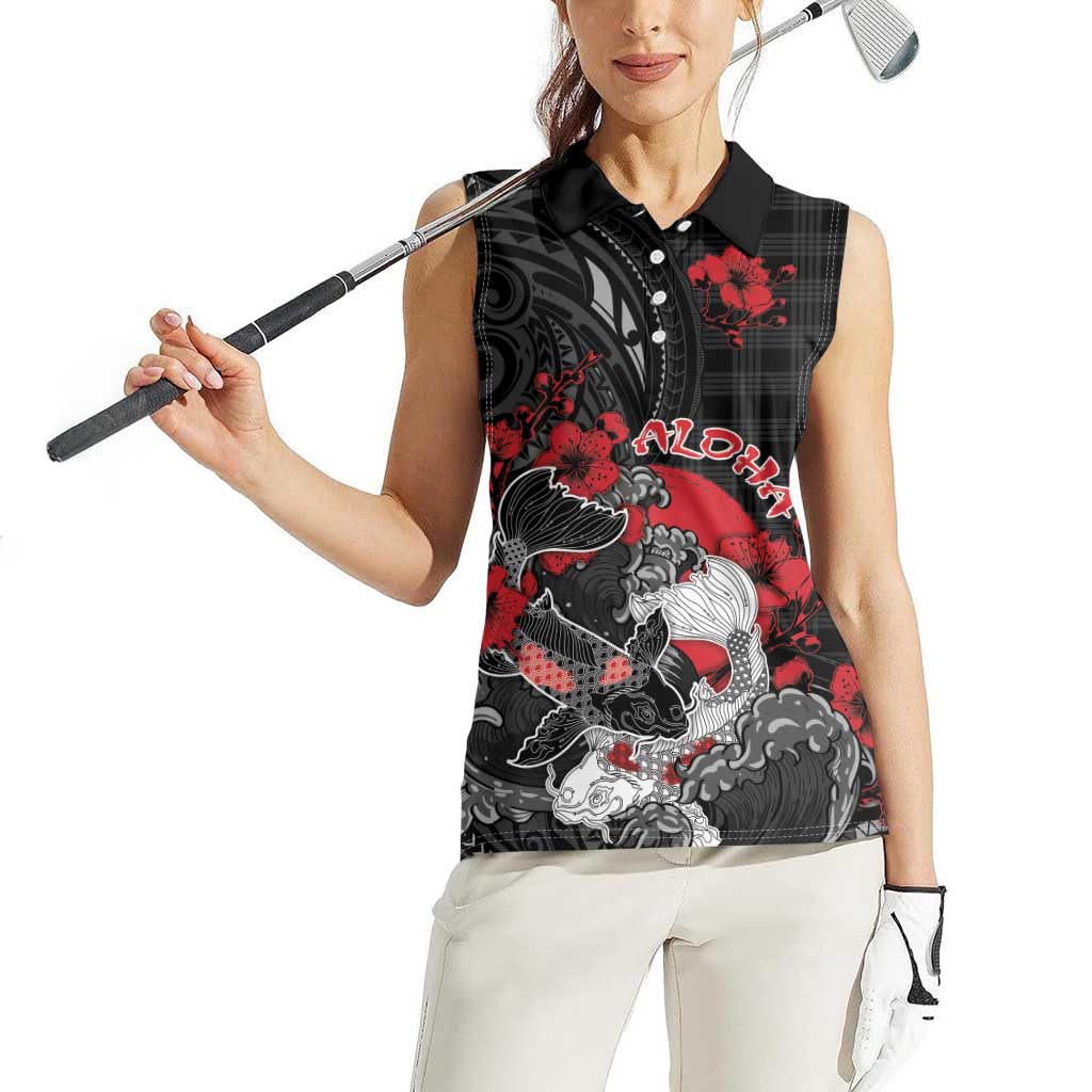 Personalised Hawaiian And Japanese Women Sleeveless Polo Shirt Aloha Koi Fish Palaka Patterns - Polynesian Pride