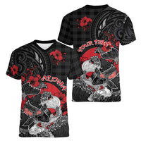 Personalised Hawaiian And Japanese Women V-Neck T-Shirt Aloha Koi Fish Palaka Patterns - Polynesian Pride