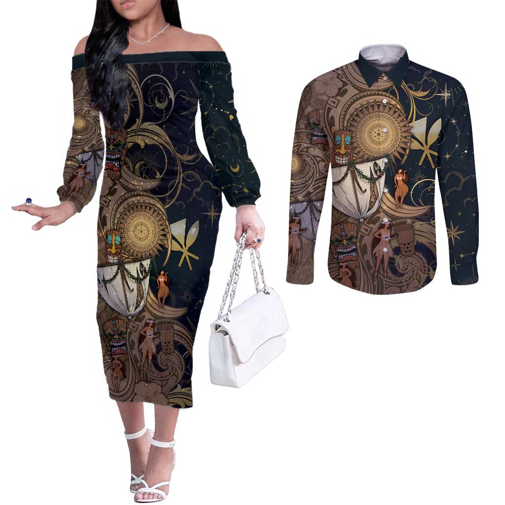 Hawaii Makahiki Couples Matching Off The Shoulder Long Sleeve Dress and Long Sleeve Button Shirt Polynesian Sky And Earth - Polynesian Pride