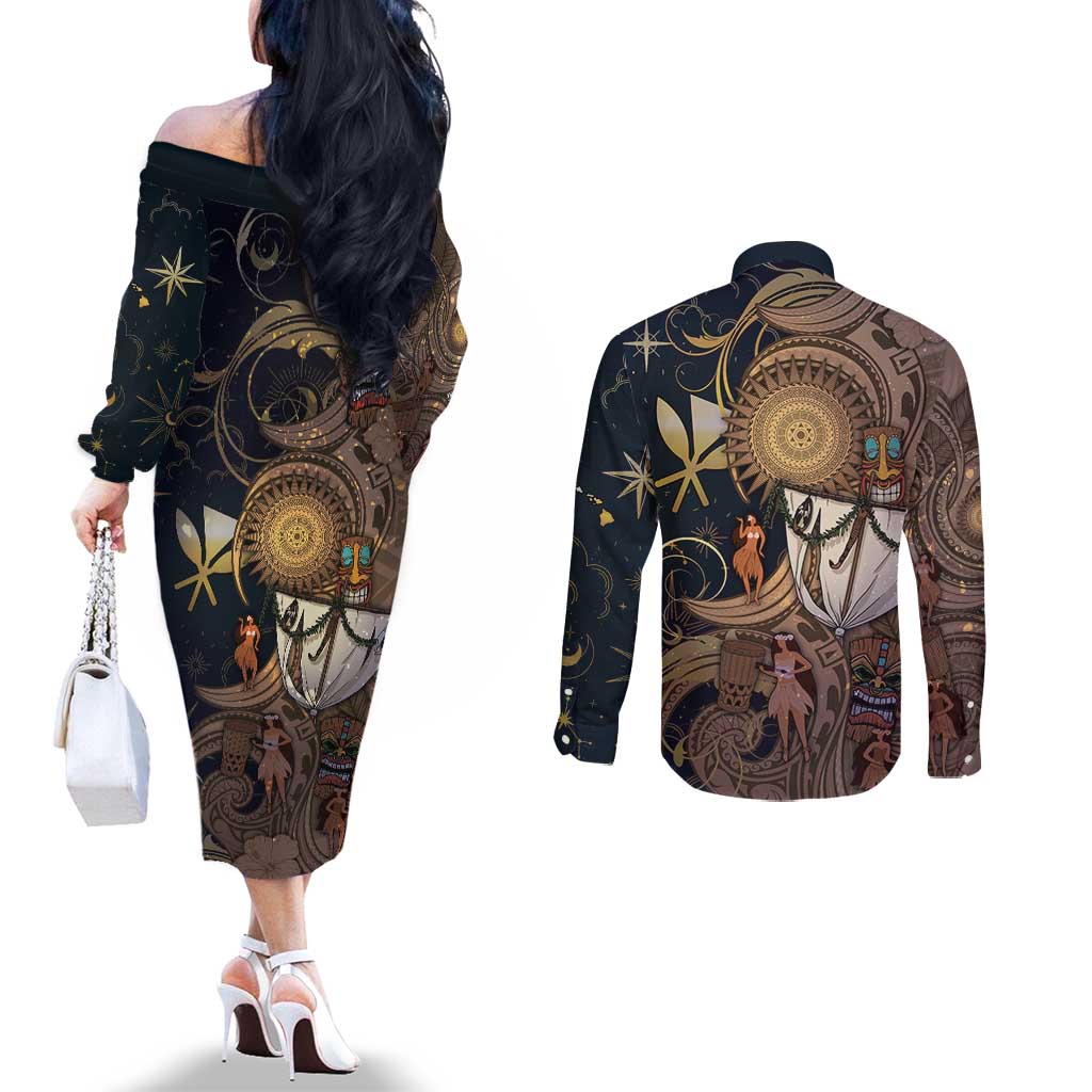 Hawaii Makahiki Couples Matching Off The Shoulder Long Sleeve Dress and Long Sleeve Button Shirt Polynesian Sky And Earth - Polynesian Pride