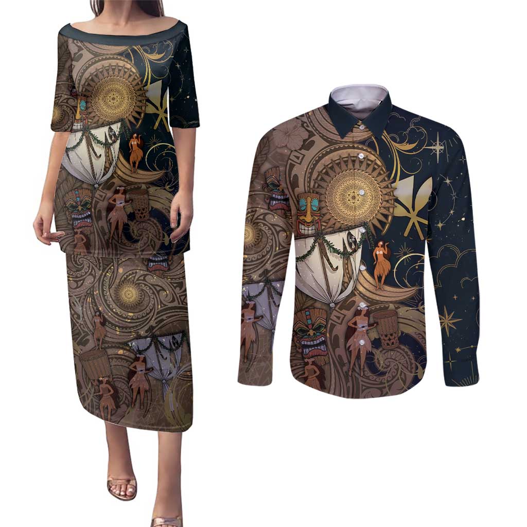 Hawaii Makahiki Couples Matching Puletasi and Long Sleeve Button Shirt Polynesian Sky And Earth - Polynesian Pride