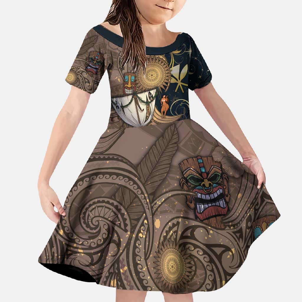 Hawaii Makahiki Family Matching Long Sleeve Bodycon Dress and Hawaiian Shirt Polynesian Sky And Earth DT05 Daughter's Dress Gold - Polynesian Pride
