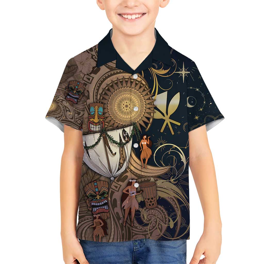Hawaii Makahiki Family Matching Long Sleeve Bodycon Dress and Hawaiian Shirt Polynesian Sky And Earth DT05 Son's Shirt Gold - Polynesian Pride