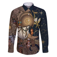 Hawaii Makahiki Family Matching Off The Shoulder Long Sleeve Dress and Hawaiian Shirt Polynesian Sky And Earth DT05 Dad's Shirt - Long Sleeve Gold - Polynesian Pride