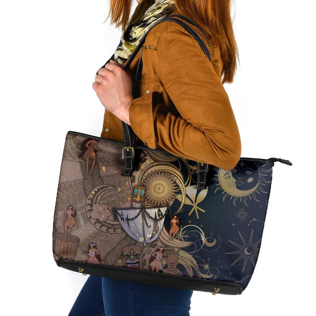 Hawaii Makahiki Leather Tote Bag Polynesian Sky And Earth - Polynesian Pride