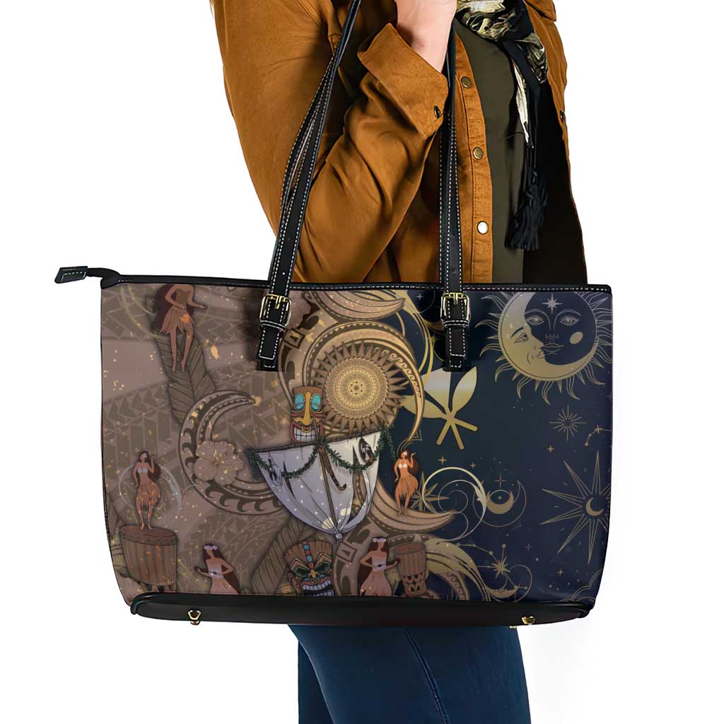 Hawaii Makahiki Leather Tote Bag Polynesian Sky And Earth - Polynesian Pride