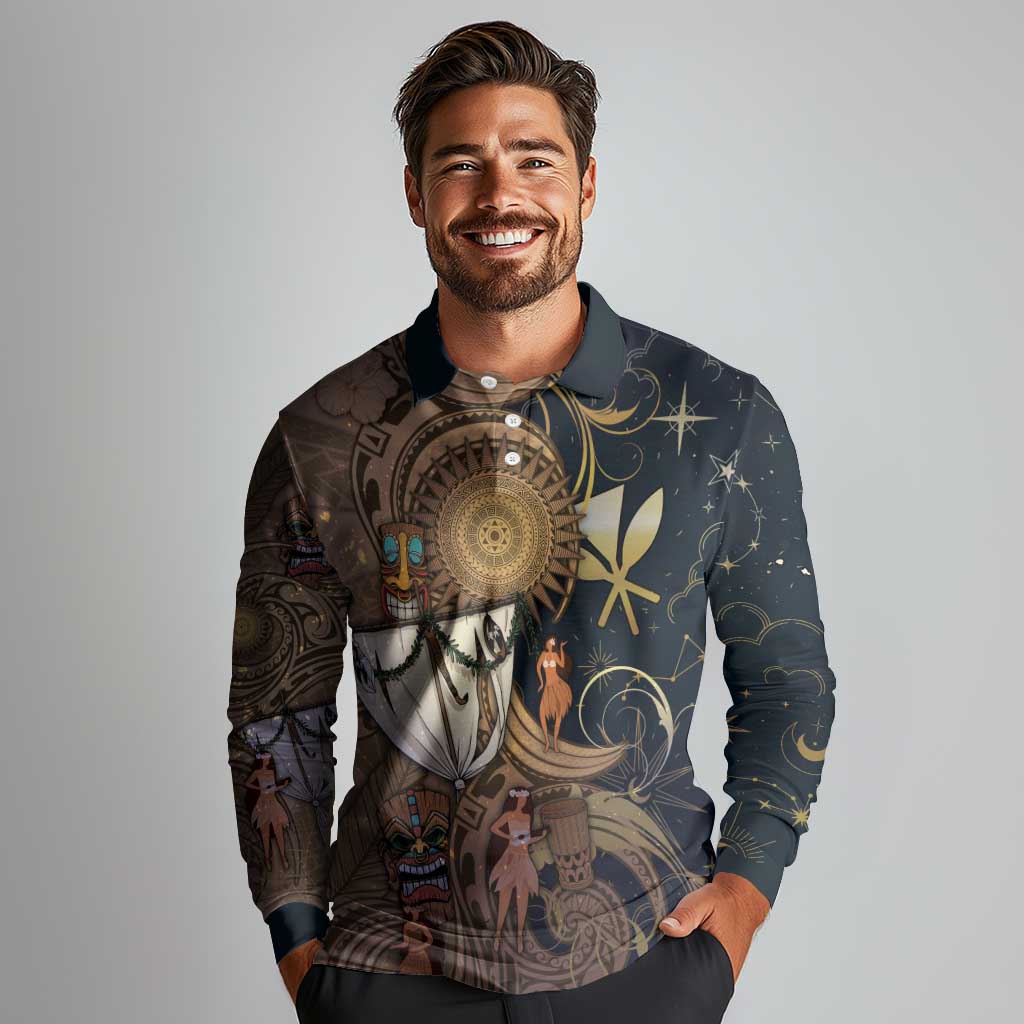 Hawaii Makahiki Long Sleeve Polo Shirt Polynesian Sky And Earth - Polynesian Pride