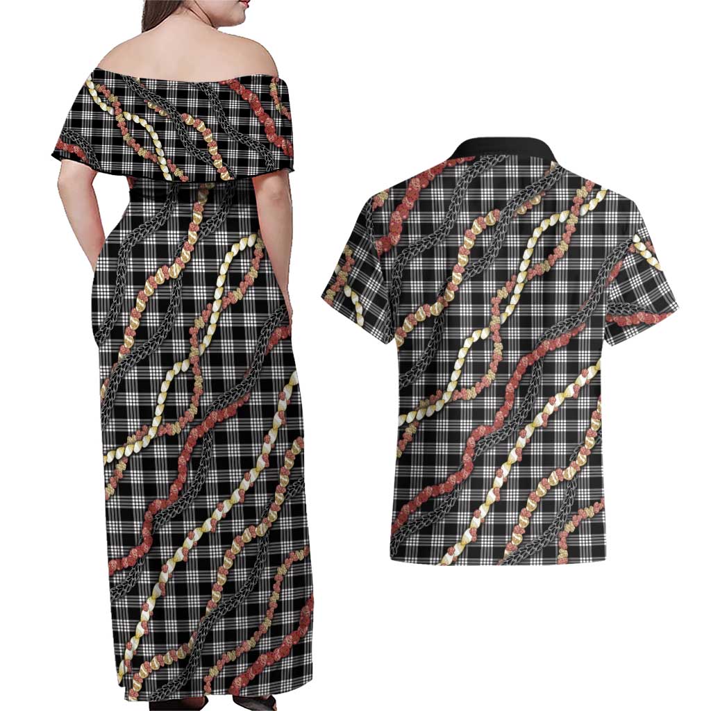 Hawaii Palaka Niihau Shell Lei Couples Matching Off Shoulder Maxi Dress and Hawaiian Shirt Tropical Island Plaid Patterns