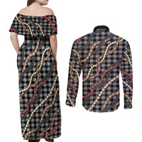 Hawaii Palaka Niihau Shell Lei Couples Matching Off Shoulder Maxi Dress and Long Sleeve Button Shirt Tropical Island Plaid Patterns