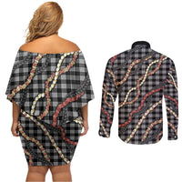 Hawaii Palaka Niihau Shell Lei Couples Matching Off Shoulder Short Dress and Long Sleeve Button Shirt Tropical Island Plaid Patterns