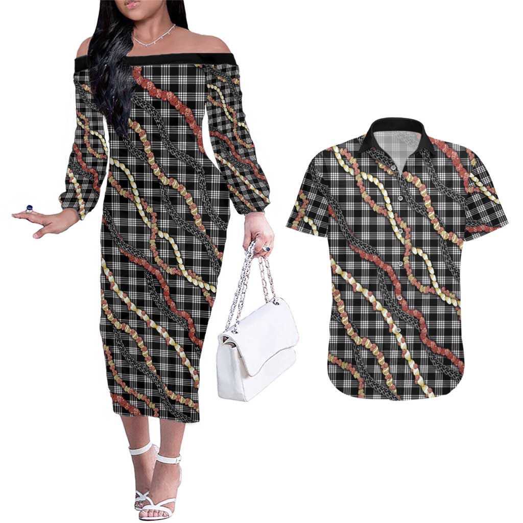 Hawaii Palaka Niihau Shell Lei Couples Matching Off The Shoulder Long Sleeve Dress and Hawaiian Shirt Tropical Island Plaid Patterns