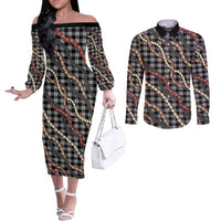 Hawaii Palaka Niihau Shell Lei Couples Matching Off The Shoulder Long Sleeve Dress and Long Sleeve Button Shirt Tropical Island Plaid Patterns