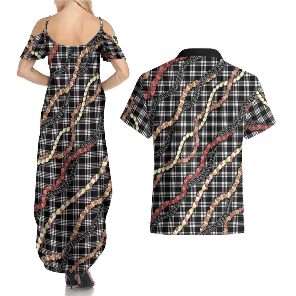 Hawaii Palaka Niihau Shell Lei Couples Matching Summer Maxi Dress and Hawaiian Shirt Tropical Island Plaid Patterns