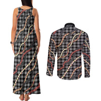 Hawaii Palaka Niihau Shell Lei Couples Matching Tank Maxi Dress and Long Sleeve Button Shirt Tropical Island Plaid Patterns