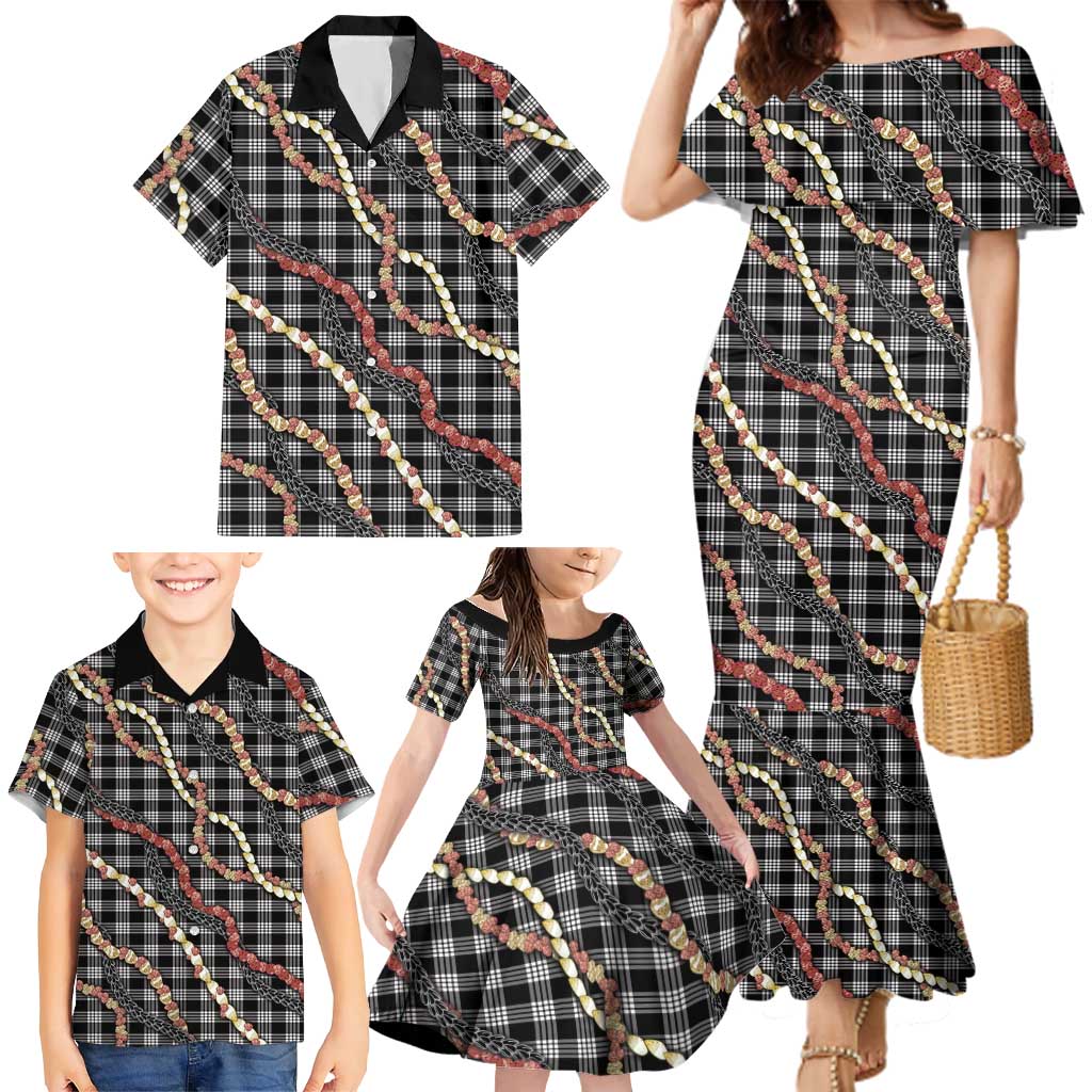 Hawaii Palaka Niihau Shell Lei Family Matching Mermaid Dress and Hawaiian Shirt Tropical Island Plaid Patterns