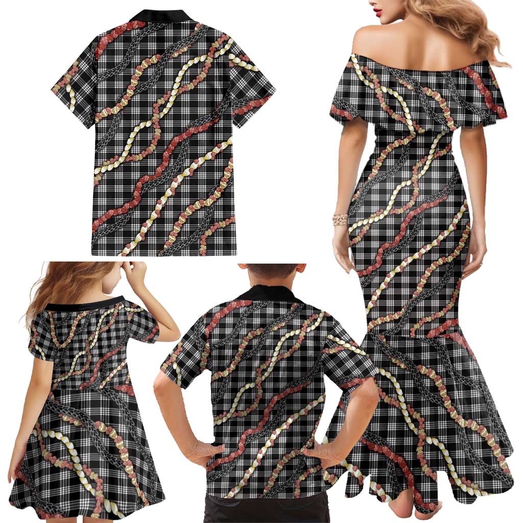 Hawaii Palaka Niihau Shell Lei Family Matching Mermaid Dress and Hawaiian Shirt Tropical Island Plaid Patterns