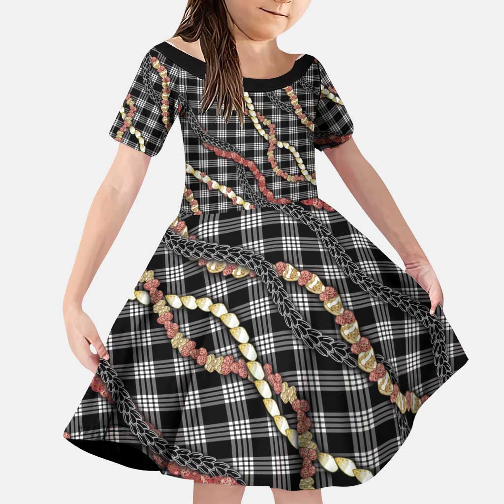 Hawaii Palaka Niihau Shell Lei Family Matching Off The Shoulder Long Sleeve Dress and Hawaiian Shirt Tropical Island Plaid Patterns DT05 Daughter's Dress Black - Polynesian Pride