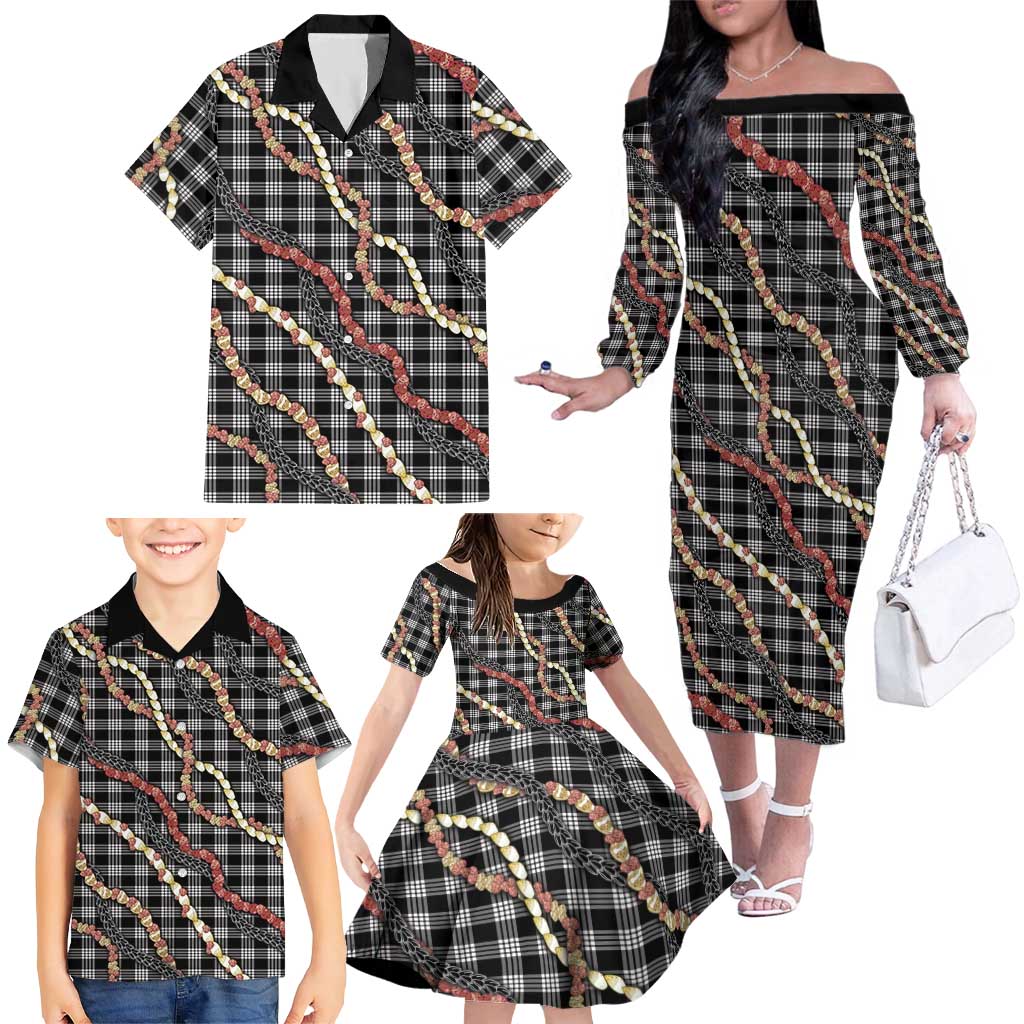 Hawaii Palaka Niihau Shell Lei Family Matching Off The Shoulder Long Sleeve Dress and Hawaiian Shirt Tropical Island Plaid Patterns DT05 - Polynesian Pride