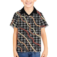 Hawaii Palaka Niihau Shell Lei Family Matching Off Shoulder Short Dress and Hawaiian Shirt Tropical Island Plaid Patterns